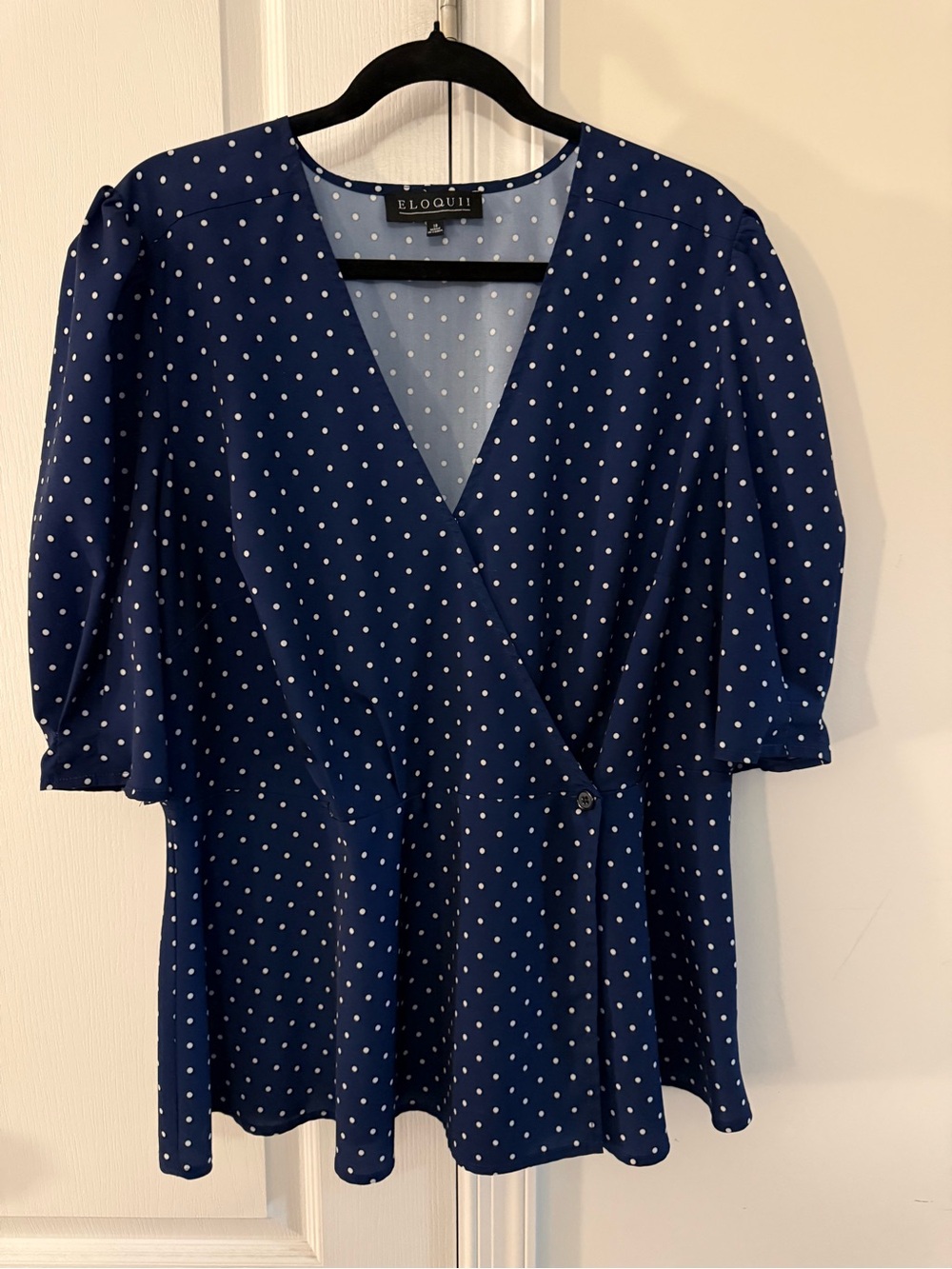 Blue Eloquii Peplum Shirt w/White Polka Dots